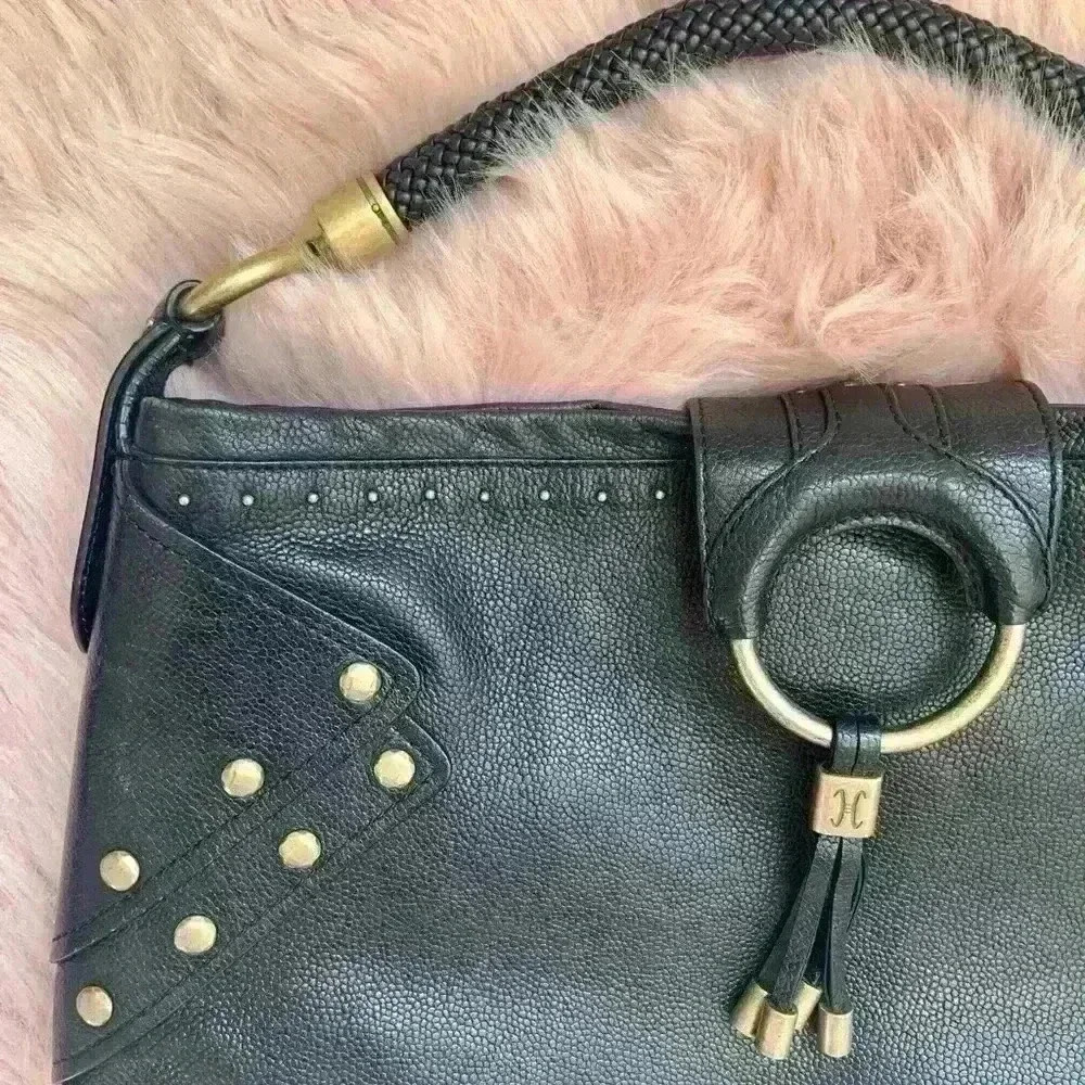 Cole Haan | Black leather gold studded bucket bag purse w/ braided handle - Picture 2 of 5